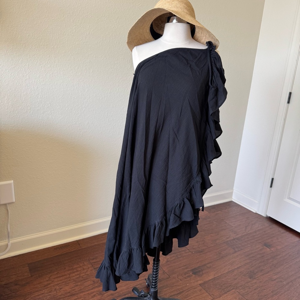 Elegant Black One-Shoulder Ruffle Dress - Cover-up by J. Crew.